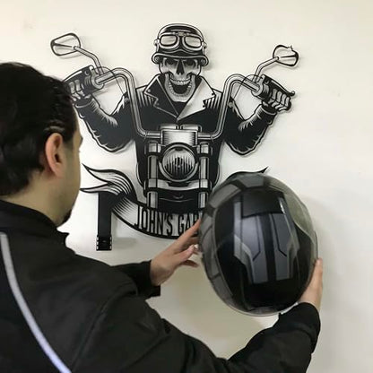 Custom Metal Skull Garage Wall Hanger – Personalized “Your Name Garage” Helmet and Jacket Rack – Handmade Laser Cut Black Steel Wall Art for Motorcycle Lovers Gift (61X69cm/24X27 Inches) - size: 61X69cm/24X27 Inches