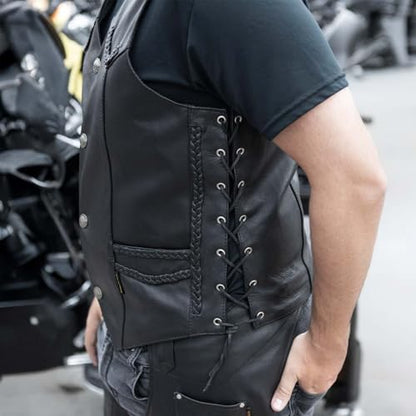 Hot Leathers Men’s Black ‘Buffalo Nickel Snap’ Leather Vest with Side Laces & Braided Detail - color: Vsm1008-black, size: Medium