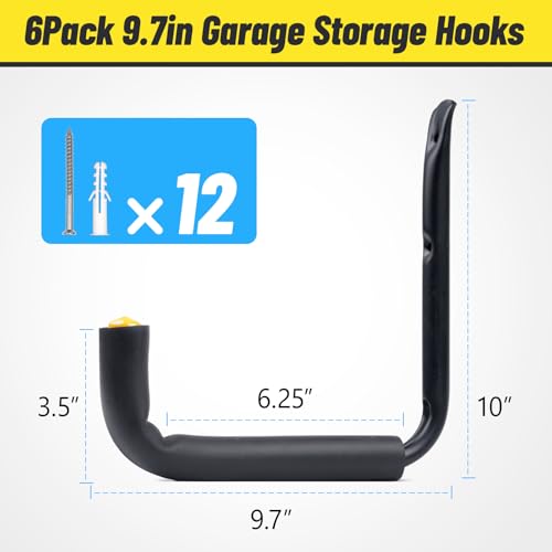 GEEDAR Heavy Duty Garage Storage Hooks -75 LB Capacity, 6packs, 9.8" Wall Mounted Rack for Hanging Paddle Board, Ladders, Bikes Enforced Kayak Storage Hanger - size: Medium (9.8", 6 packs）