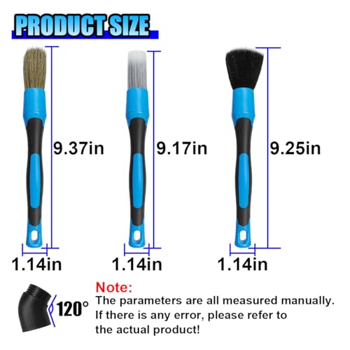 3PCS Car Detailing Brush Set, Soft Boars Hair No-Scratch Automotive Cleaning Brushes, Car Interior & Exterior Dusting Brush Auto Detailing Supplies for Air Vent, Leather Seat, Wheel (Blue)