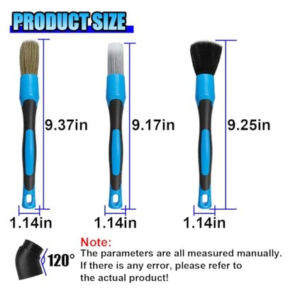 3PCS Car Detailing Brush Set, Soft Boars Hair No-Scratch Automotive Cleaning Brushes, Car Interior & Exterior Dusting Brush Auto Detailing Supplies for Air Vent, Leather Seat, Wheel (Blue)