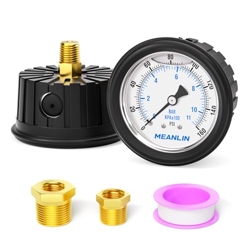 MEANLIN MEASURE 0~160Psi Stainless Steel 1/4" NPT 2.5" FACE DIAL Liquid Filled Pressure Gauge, Center Back Mount (with Rubber Protective Sleeve), with 1/2" NPT and 3/8" NPT Hex Bushing - size: 0-160Psi