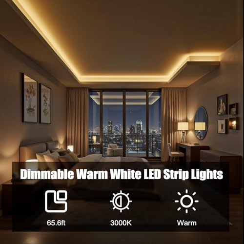 MYPLUS Under Cabinet Lighting Kit, 65.6Ft Dimmable Led Strip Lights with 1200 LEDs,24V, Low Power Safety Adapter, Flexible Tape Light for Kitchen Cabinet,Bedroom,Counter,Shelf (Warm White-3000k) - color: Warm White/3000K, size: 65.6FT/20M