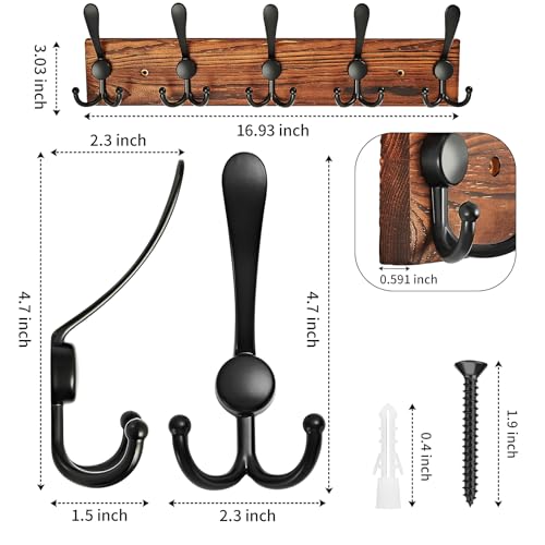 Coat Rack Wall Mounted, Pre-Assembled 16" Coat Hooks with 5 Hooks, Heavy Duty Rustic Farmhouse Wood Plank Hooks for Hanging Hat, Clothes, Keys, Jacket, Purse - Door, Entryway, Mudroom - size: Pine wood - double hook