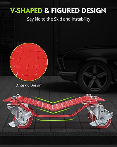DEXSO [6000 lbs] Tire Wheel Dolly Car Set of 4, Heavy Duty Carbon Steel Car Mover with Antiskid Plate & 360 Degree Rotatable Wheel, 16"*13", Red - color: Light Red