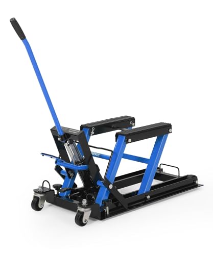 Hydraulic Motorcycle Lift Jack 1500 Lbs, Heavy Duty Steel Scissor Lift Stand with Wheels, Adjustable Height 4.53"-15.35" for Motorcycle, Dirt Bike, ATV, UTV, Garage Repair - color: Blue