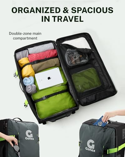Gonex Rolling Duffle Bag with Wheels, Water-repellent 90L Nylon Large Wheeled Travel Duffel Luggage with TSA Lock & Telescopic Handle 30 inch, Dark Green - color: Dark Green, size: 30 inch