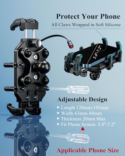 BRCOVAN Motorcycle Phone Mount with Qi Wireless & USB-C Charger | Qi 15W & PD 30W, Anti-Theft Handlebar Cellphone Holder with Vibration Dampener, Adjustable for 5.4-7.2'' Smartphone