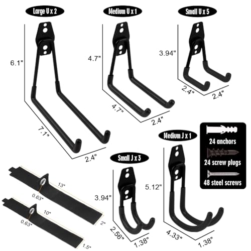 Garage Hooks Heavy Duty 14 Pack, Steel Garage Storage Hooks, Tool Hangers for Garage Wall Utility Wall Mount Garage Hooks and Hangers with Anti-slip Coating for Garden Tools, Ladders, Bulky Items - color: Black