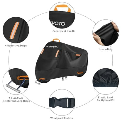 Motorcycle Cover 420D Heavy Duty | All Season Waterproof Outdoor Weather Sun Rain Protection Powersports Vehicle Cover | with 4 Reflective Tape, Lock-Holes, Storage Bag fits up to 104.3" - size: 104.3"