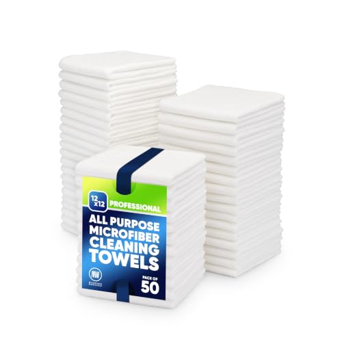 12" x 12" Microfiber Cleaning Cloths (50 Pack) - Reusable Towels, Wash Rags, Dust Cloth, All-Purpose: Kitchen, Dish, Cars, Shop, Glass (White) - color: White, size: 50 Count (Pack of 1)