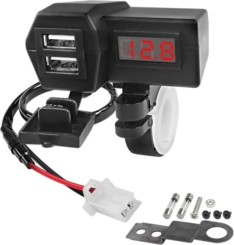 XMSJSIY Motorcycle USB Charger 5V 3.1A Dual USB Phone Charger Adapter Kit Cable with Voltmeter、Waterproof and ON/Off Switch,Handlebar Mounting or Diameter Rearview Mirror Holder-1.4M/4.59FT