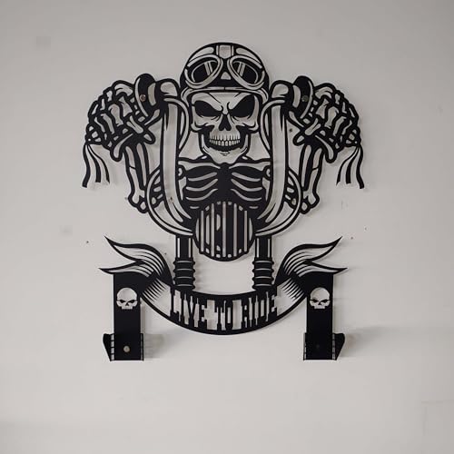 Handmade Metal Skull Wall Hanger – “Live To Ride” Motorcycle Helmet and Jacket Rack – Black Steel Wall Art for Garage, Man Cave, or Workshop Gift (61X69cm/24X27 Inches) - size: 61X69cm/24X27 Inches