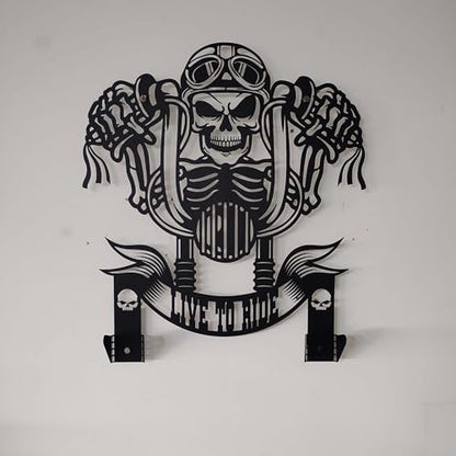 Handmade Metal Skull Wall Hanger – “Live To Ride” Motorcycle Helmet and Jacket Rack – Black Steel Wall Art for Garage, Man Cave, or Workshop Gift (52X59cm/20X23 Inches) - size: 52X59cm/20X23 Inches