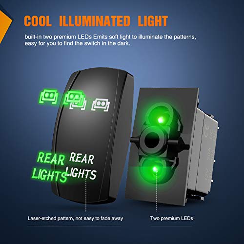 Nilight Rear Lights Rocker Switch Led Light Bar Switch 5Pin Laser On/Off switches Green 20A/12V 10A/24V Switch with Jumper Wires Set for Cars,Trucks,RVs,2 Years Warranty - color: Green, size: REAR LIGHTS
