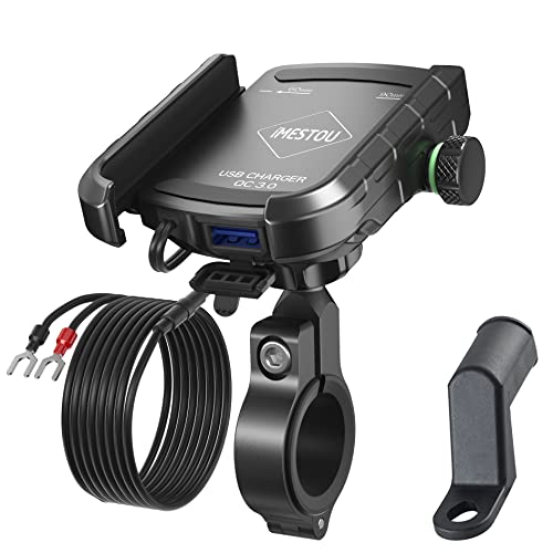 iMESTOU Motorcycle Phone Mount USB Charger Handlebar/Rear-View Mirror Cellphone Holder Aluminum with 17mm Ball Works with 12/24V Motorcycles Quick Charge for 4.0-6.8 Inch Smartphones (USB Type)