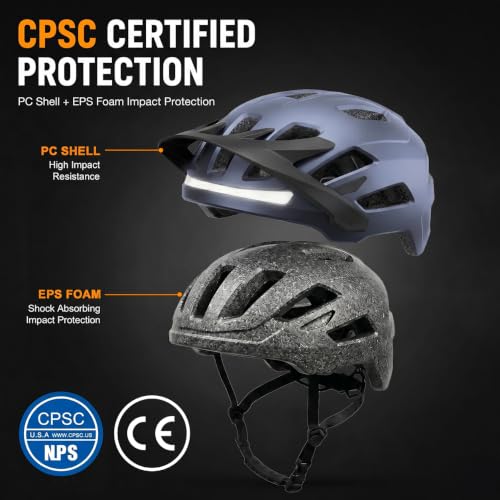 Bike Helmet, Helmets for Adults Men, Front and Back LED Lights Safe Certified MTB Road Bicycle Helmet with Adjustable Brim - color: Blue, size: L (59-61cm)