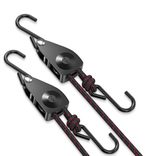 VIPARSPECTRA Ratchet Tie Down Straps, 1/4" Adjustable Rope Hangers [2 Pack, 12FT, 150 lbs/Pack], Heavy Duty Kayak Pulley System with Hooks for Garage Cargo Trucks Tents Grow Lights Various Lashing - size: 1/4" 2-Pack