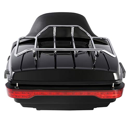 XFMT-moto-part King Trunk W/Black Latches Backrest Chrome Luggage Rack LED Light For Harley Touring Trunk Road King Street Glide Road Glide Electra Glide 2014-2025 - color: W/ Black Latches Red Lens Light & Chrome Rack