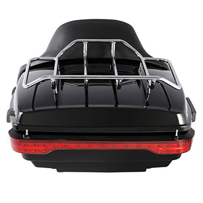 XFMT-moto-part King Trunk W/Black Latches Backrest Chrome Luggage Rack LED Light For Harley Touring Trunk Road King Street Glide Road Glide Electra Glide 2014-2025 - color: W/ Black Latches Red Lens Light & Chrome Rack