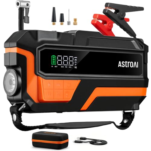 AstroAI M10 6000A 150PSI Car Jump Starter with Air Compressor - 12V Portable Battery Booster (All Gas/12.0L Diesel), Smart Tire Inflator, Heavy-Duty Jumper Cables, Power Bank, LED Light, Storage Case - color: Bright orange
