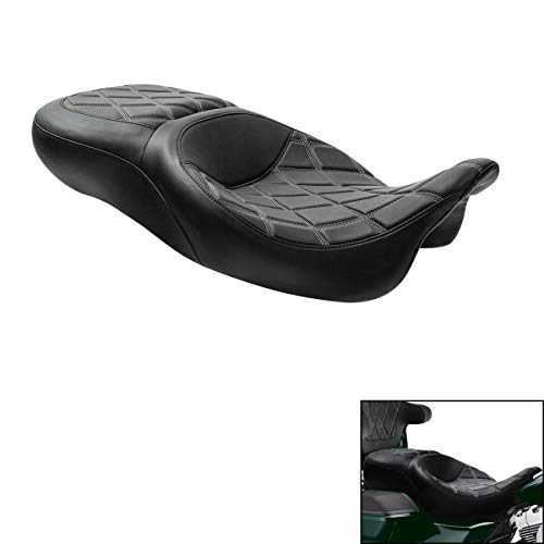 C.C. RIDER Driver Leather Passenger Seat - Fat Diamond 2-Up One-Piece Fit for Harley Touring Road King Street Glide Road Glide Electra Glide 2009-2023 - color: Grey with Coffee Stitches