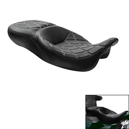 C.C. RIDER Driver Leather Passenger Seat - Fat Diamond 2-Up One-Piece Fit for Harley Touring Road King Street Glide Road Glide Electra Glide 2009-2023 - color: Grey with Coffee Stitches
