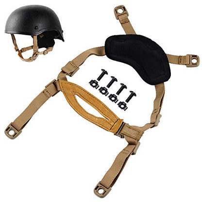 Helmet Chin Strap 4 Points for Tactical Fast/MICH/IBH Kevlar Bump Helmets Helmet Scrim, X-Nape Suspension System with Bolts and Screws Tan