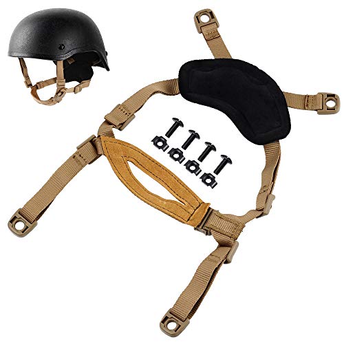 Helmet Chin Strap 4 Points for Tactical Fast/MICH/IBH Kevlar Bump Helmets Helmet Scrim, X-Nape Suspension System with Bolts and Screws Tan