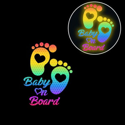 High Intensity Reflective Baby on Board Car Sticker Waterproof Cute Footprint Baby in Car Decal Safety Warning Sign Kids on Board Decal for Car Bumper Window (Rainbow) - color: Rainbow