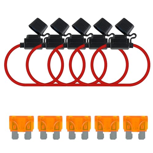 MuHize 12AWG Inline Fuse Holder - Premium Waterproof Automotive Blade Fuse Holder with 5A Standard Fuses ATC/ATO, 5 Pack Line Fuses Holders for Automotive Marine RV