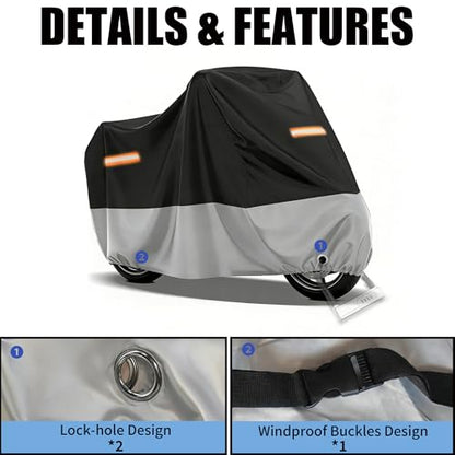 Motorcycle Cover Waterproof Outdoor,with Lock-Holes & Storage Bag,All Season Weather Sun Rain Protection Windproof Elastic Hem Night Reflective Design (104" Lx41 Wx50 H) - size: 104"Lx41"Wx50"H