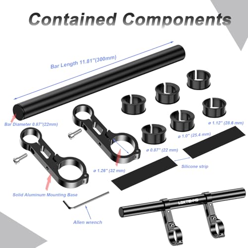 LOKTENWO 11.81" Long Dual Clamp Handlebar Extender, Aluminum Cross Bar Extension for Motorcycle Bike Bicycle Scooter, Fits 0.875/1.0/1.125/1.26" Handlebars for Phone Holder Light GPS Action Camera