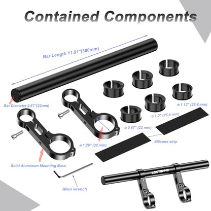 LOKTENWO 11.81" Long Dual Clamp Handlebar Extender, Aluminum Cross Bar Extension for Motorcycle Bike Bicycle Scooter, Fits 0.875/1.0/1.125/1.26" Handlebars for Phone Holder Light GPS Action Camera