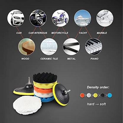 6 Inch Car Polishing & Buffing Sponge Pads Kit Wool Bonnet Pads for Household Electric Drill and Auto Polisher with 8mm M14 Drill Adapter for Washing Cleaning Waxing Dusting, 11PCS - size: 6 Inch