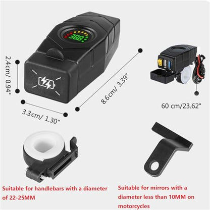 Handbar USB Charger for Motorcycle with ON/Off Switch, with LED Light Display, Handlebar/Rear-View Mirror 2 Ways Installation