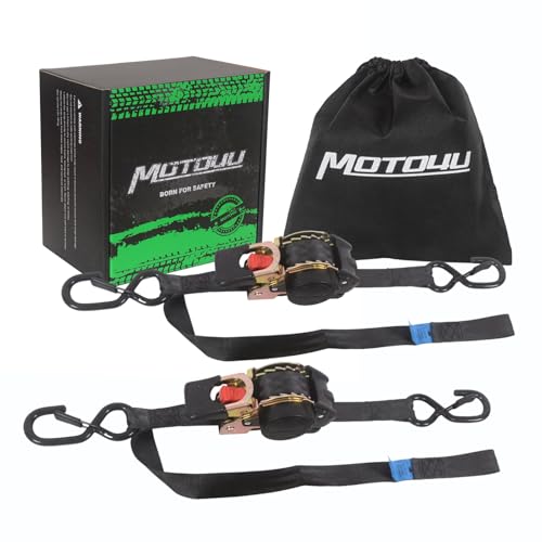 MOTO4U Auto Retractable Ratchet Straps 2-Pack | 1” x 10ft (1500lb Break Strength) | Heavy Duty Motorcycle Tie Downs Straps with Integrated Soft Loops for Truck, Trailer, Motorcycle - color: 2 Pack