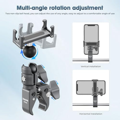 Motorcycle Phone Mount, Handlebar Clamp Base Fits 0.5"-2" Diameter Bars, 25mm Ball Head & Aluminum Socket Arm, 360° Rotatable, Universal for iPhone/Android Phones Width 2.56"-3.74"(KPS-07) - color: KPS-07