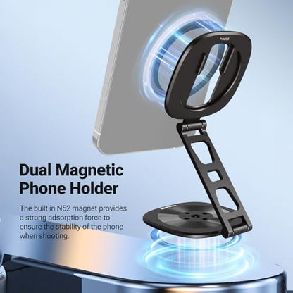 NEEWER Dual Magnetic Phone Ring Holder, Slim Folding Cell Phone Grip Stand Tripod Mount with 1/4" Thread & Cold Shoe Mount, Compatible with MagSafe iPhone Samsung Android for Video Recording, PA095 - style: PA095