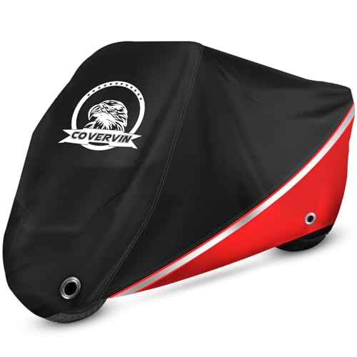 COVERVIN Motorcycle Cover, All Weather Outdoor Waterproof Night Protection with Reflective Strips, Locking Holes and Storage Bag for 104 Inch Suzuki, Kawasaki, Honda, Harley-Davidson(Red XXL) - color: Red, size: XXL-104 inch