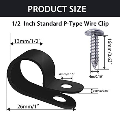 mankk 50PCS 1/2 Inch Rope Light Clips P-Style Mounting Clips Plastic Cable Clamps with Compatible Stainless Steel Pan Head Phillips Screws for Wire Management M-030-BK-LS - size: 50 Pack 1/2Inch