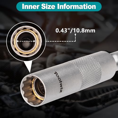 Toolwiz 14mm Spark Plug Socket with 12.2 Inch Extension, 3/8" Drive, 12 Point, 360 Degree Swivel Thin Wall Magnetic Spark Plug Socket Fits for Most Pickups, SUVs