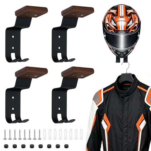 4PCS Helmet Wall Mount Motorcycle Helmet Holder Helmet Rack Wall Mount with Double Hook Beech Wood & Metal Helmet Hanger for Football Helmet Hats Coats Sportswear