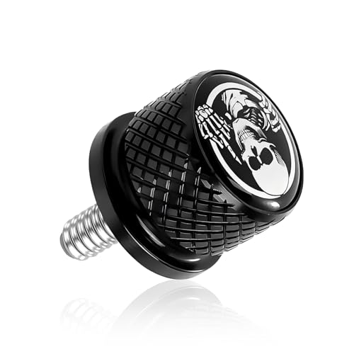 Motorcycle Stainless Seat Bolt Screw, Knurled Fender Rear Seat Screw 1/4"-20 Thread, Skull Pattern Cushion Caps, Compatible with Touring Sportster Softail (Black) - color: Black