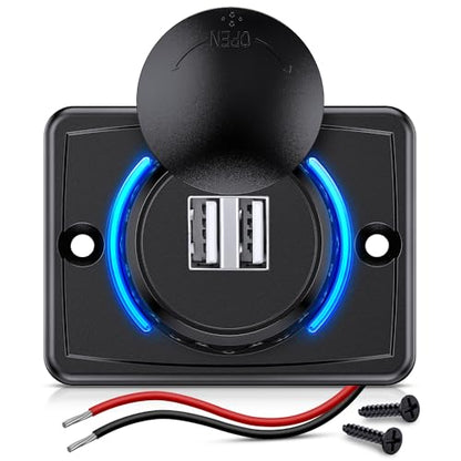 Nilight Quick USB Outlet Socket 12V 24V Dual USBs Connector 5V 4.8A Car Outlets with Waterproof Cover Rotating Cap LED Light for Cars Trucks Motorcycle RVs Campers - color: Dual USB