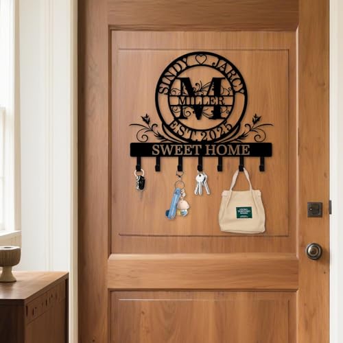 Personalized Monogram Key Holder for Wall, Custom Family Name Hooks | Monogram name design with rust-resistant metal, free hardware, ideal for new home, wedding, couples and housewarming - color: Monogram