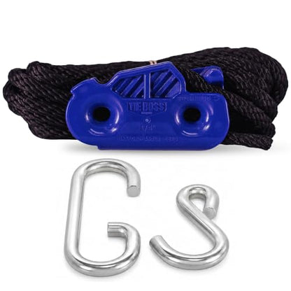 Tie Boss - 1/4 Inch, Medium Duty, (150 lbs Working Load Limit), Weather Resistant, Tie Down, Rope Tightening System, (w/15 ft Rope) (Pack of 1) (Blue) - color: Blue