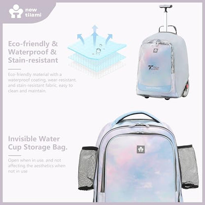 NEW TILAMI 20" Rolling Backpack for Teens Adults, Climbing Stairs Waterproof Backpack with Wheels for School Business Trave Camping with Laptop Compartment, Fit 17 Inch Laptop, Pink Blue Doodle - color: Pink Blue