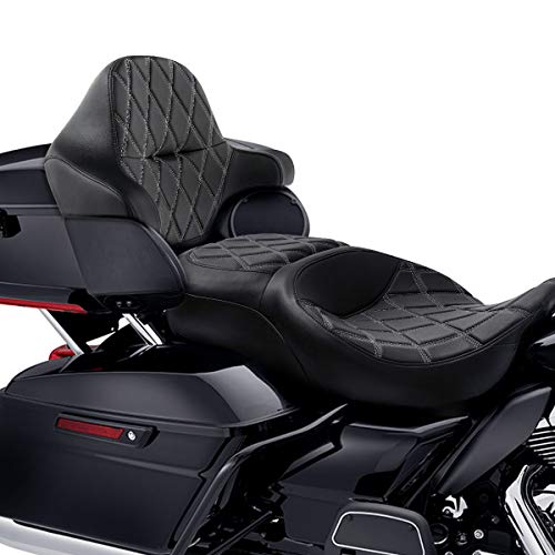 C.C.Rider Motorcycle Seat Backrest Pad - Fat Diamond 2-Up One-Piece fit for Harley Touring Road King Street Glide Road Glide Electra Glide 2014-2023 - color: 11# Grey+Passenger Backrest