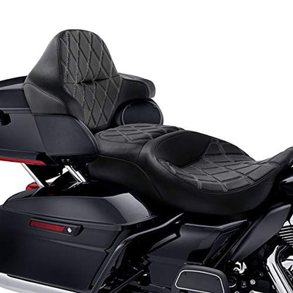C.C. RIDER Driver Passenger Seat with King Tour Trunk Backrest Pad Fat Diamond 2-Up One-Piece fit for Harley Touring Road King Street Glide Road Glide Electra Glide 2014-2023 - color: Black Seat+Passenger Backrest(White+Brown stitch)